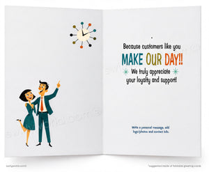 An open greeting card or booklet with a retro-style illustration on a white background. The left panel shows a smiling man and woman dancing beneath a multicolored clock.