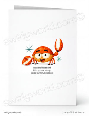 a cartoon crab with a smiling expression, surrounded by stars, and includes text that says "Backside of folded card" and "Add a personal message. Upload your logo/contact info."