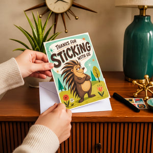 A person's hands holding a greeting card with a cartoon hedgehog character and the text "Thanks for Sticking with Us" printed on it.