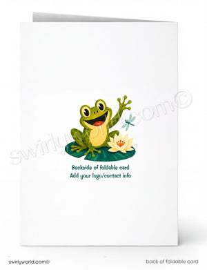 Backside of a foldable card with a cartoon frog and flower design, featuring the brand 'swirlyworld.com'.