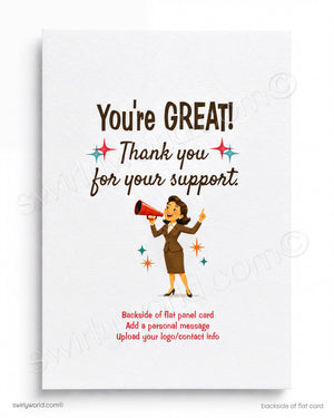The image is a flat panel card with a woman holding a megaphone and surrounded by colorful stars. The text on the card reads "You're GREAT! Thank you for your support."