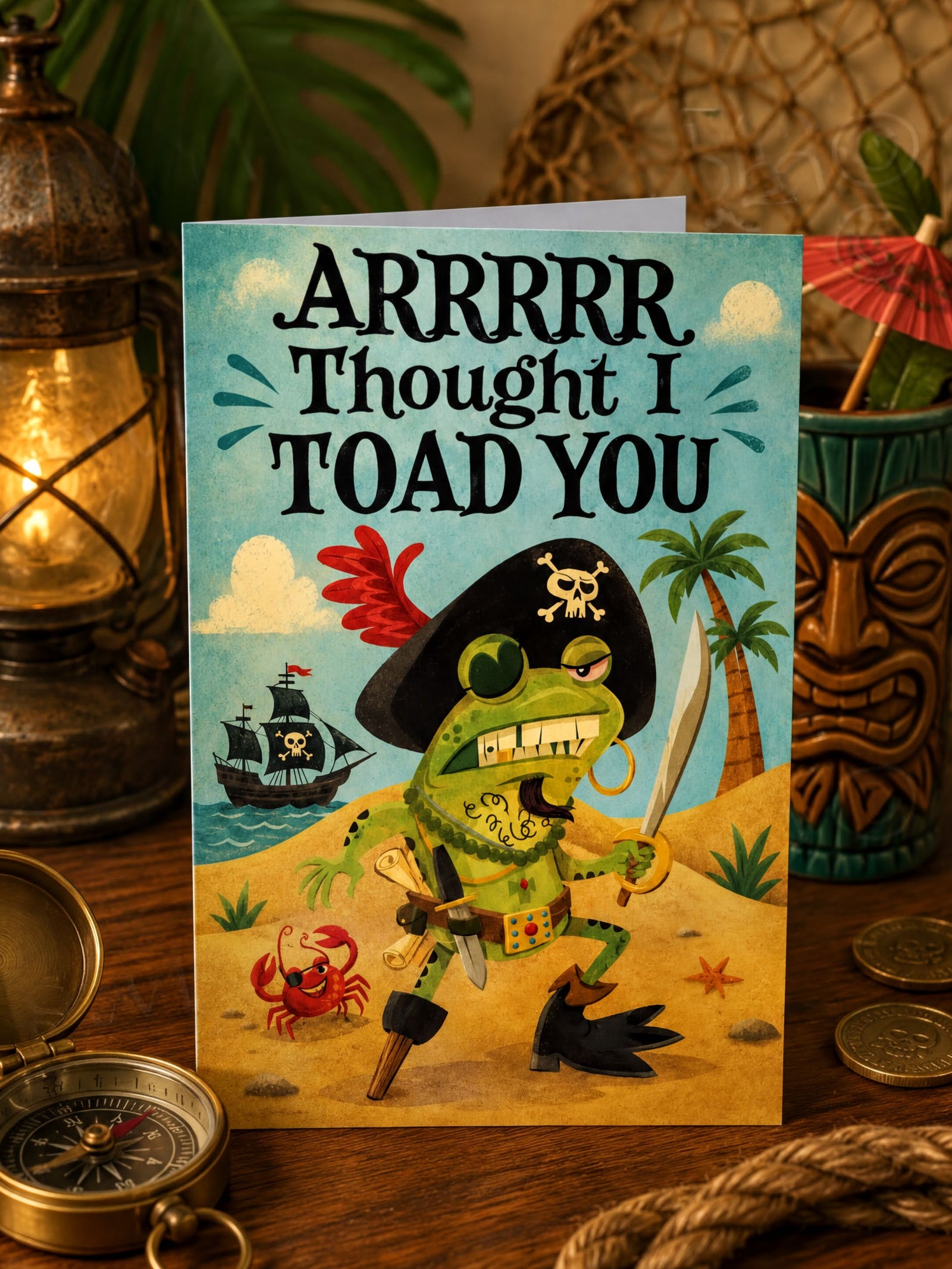 Card with a pirate toad character on a beach with palm trees and a ship in the background.