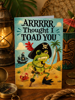 a pirate-themed greeting card with a frog character, a pirate ship, and a tiki mask, all set against a beach background.