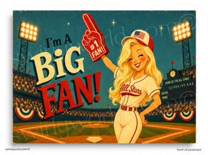 Vintage-style poster of a female baseball player holding a foam finger with 'I'm a Big Fan!' text on a baseball field background.