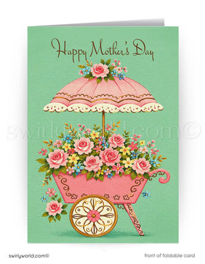Mother's Day card with a pink wheelbarrow filled with flowers and an umbrella on a green background.