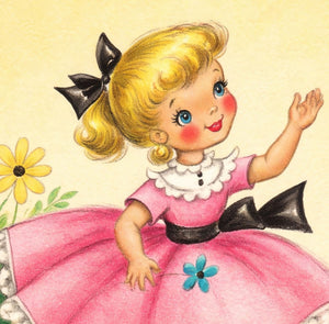 A cheerful young girl with blonde hair and blue eyes is wearing a pink dress with a bow and is waving at the viewer.