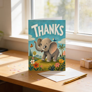 A colorful greeting card with an elephant and flowers sits on a wooden desk, with a pen and a gift box nearby.