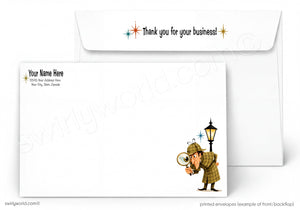 Envelopes with a cartoon detective holding a magnifying glass, suitable for business use.