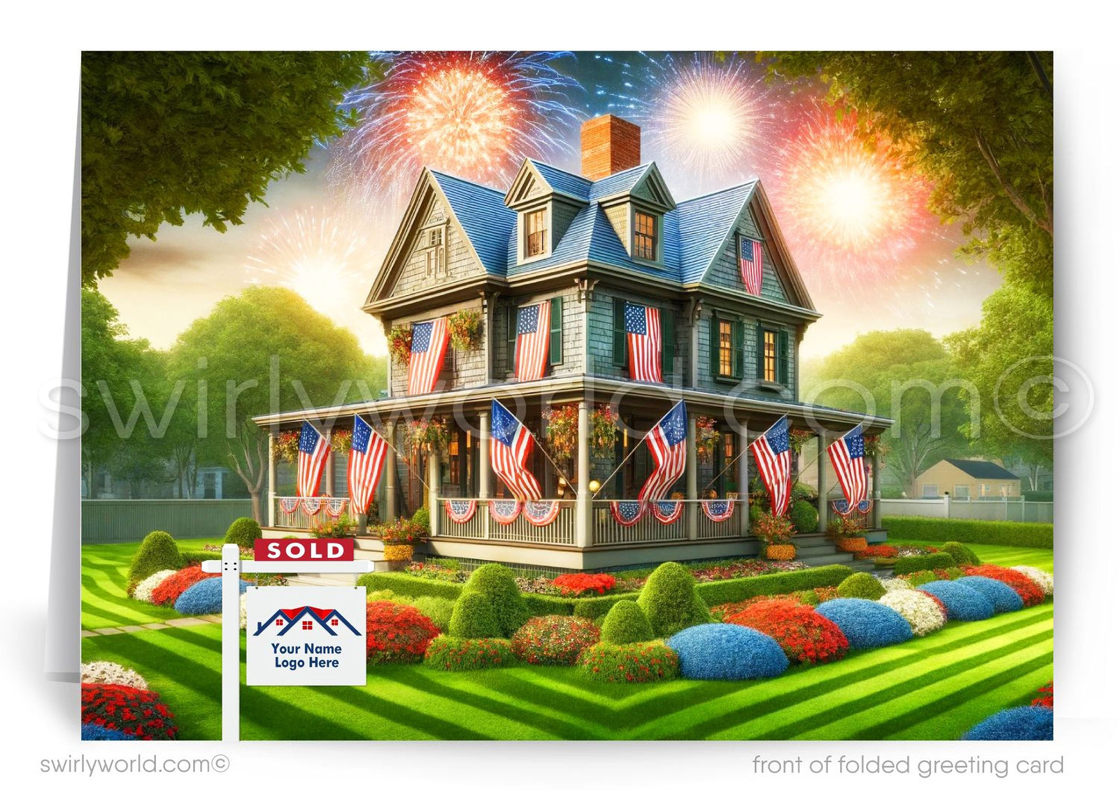A large, two-story house with a porch and American flags, surrounded by a well-manicured lawn and colorful flowers, with fireworks lighting up the sky in the background.