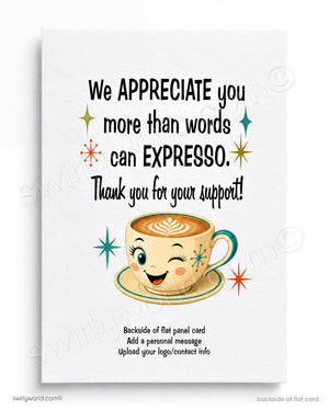 Card with a smiling coffee cup illustration and text expressing appreciation for support.
