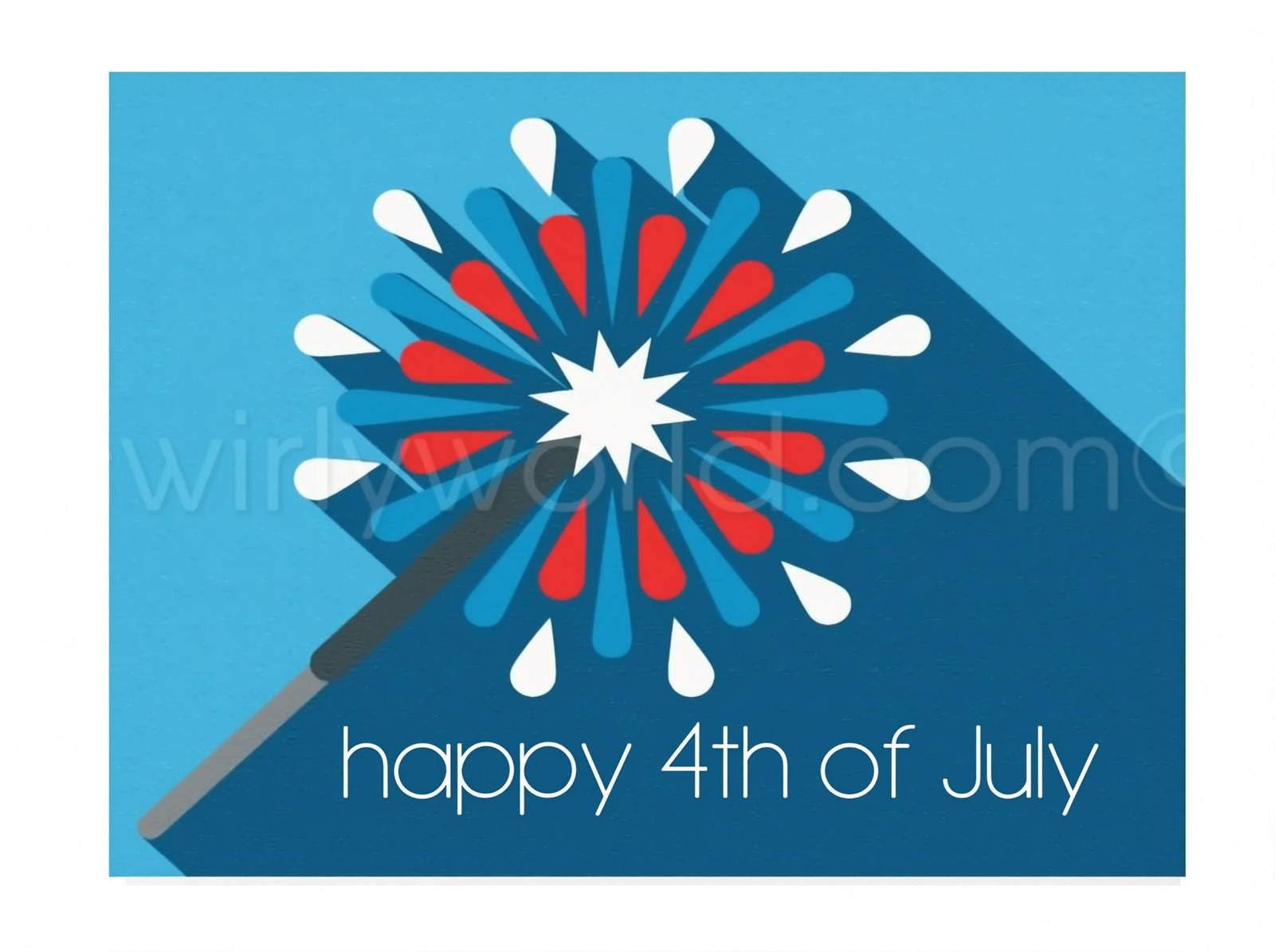 The image is a stylized graphic design featuring a fireworks display with red, white, and blue colors, along with the text "happy 4th of July".