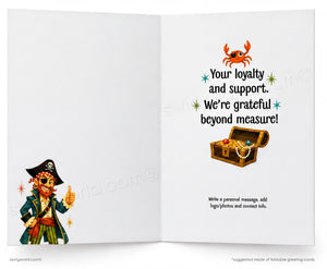 An open greeting card shown front and back on a white background. The left panel features a pirate illustration with a thumbs-up, and the right panel has a crab and treasure chest with printed message text.