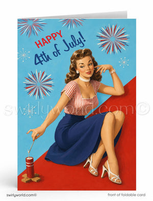 A vintage-style illustration of a woman in a striped dress and high heels, sitting on a red surface and holding a lit candle, with fireworks in the background. The text "HAPPY 4TH OF JULY!" is displayed above her.
