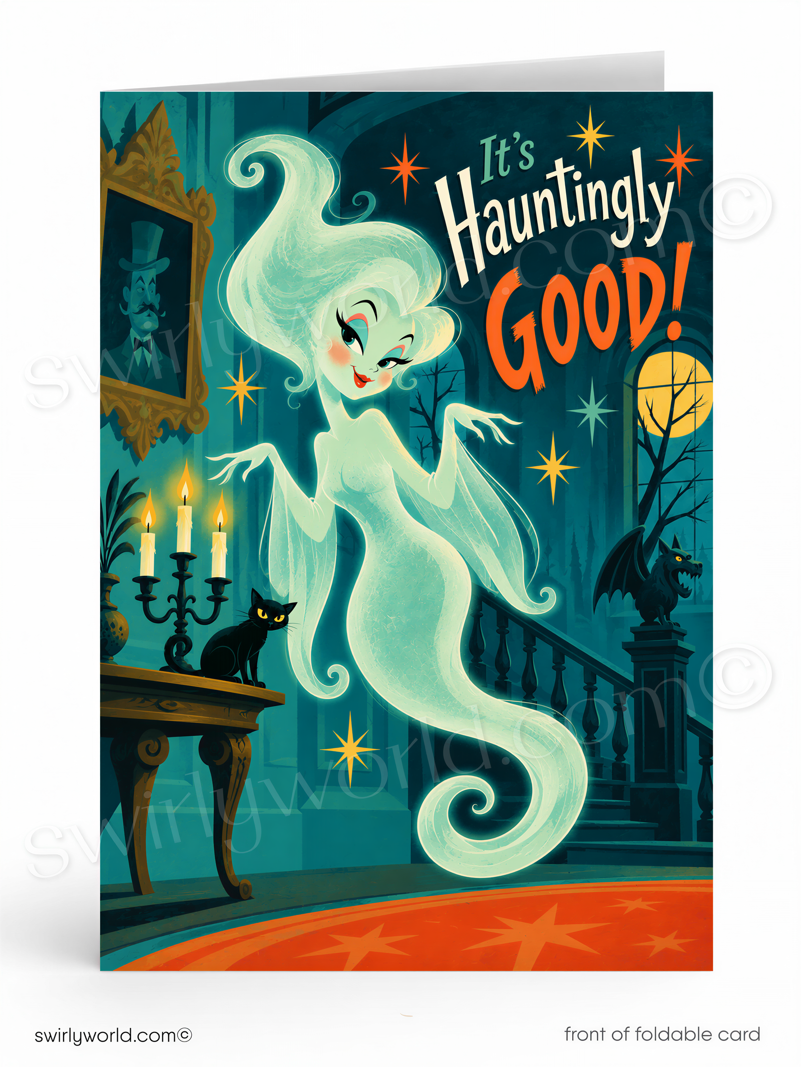 The image is a Halloween-themed card featuring a ghostly white figure with a black cat sitting on a table, surrounded by a spooky atmosphere with a full moon, candles, and a dragon statue.