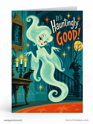 The image is a Halloween-themed card featuring a ghostly white figure with a black cat sitting on a table, surrounded by a spooky atmosphere with a full moon, candles, and a dragon statue.