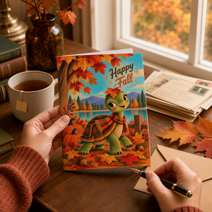 A person's hands holding a card with a turtle illustration and autumn leaves, with a pen in front of the card, and a window with autumn leaves visible in the background.