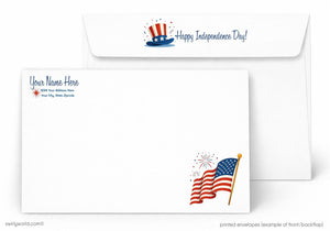 Independence Day themed letterhead and envelope set with American flag and fireworks design.