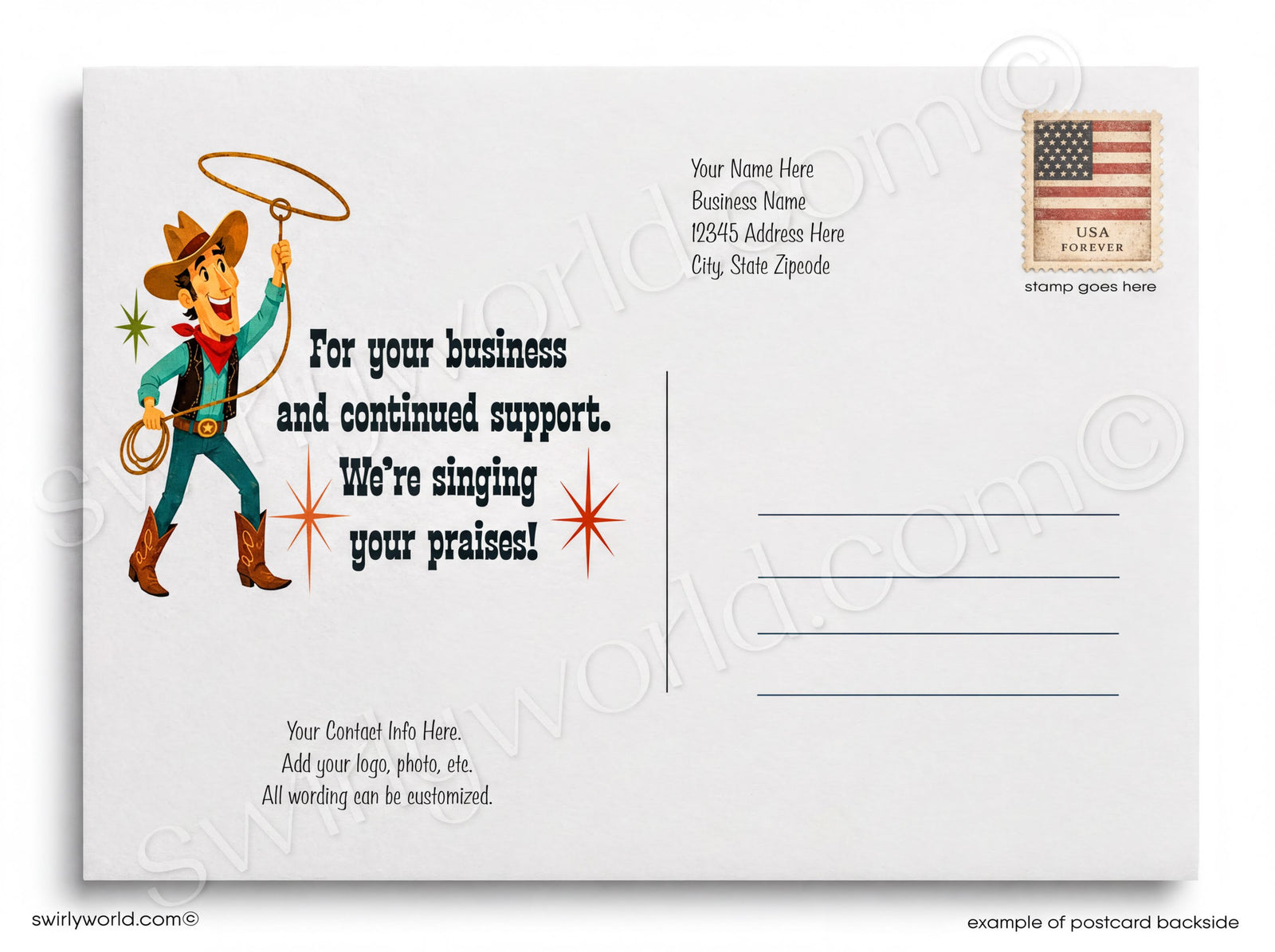A cartoon cowboy playing guitar in front of a saloon, with mountains and cacti in the background, and the text "THANK YEW" prominently displayed.