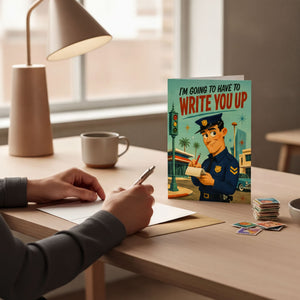 A person is sitting at a desk, writing on a piece of paper with a pen, while a greeting card featuring a police officer is displayed in front of them.