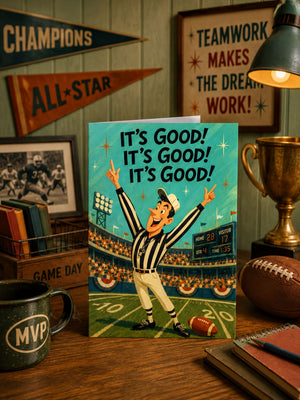 a card with a cartoon illustration of a referee celebrating a victory, surrounded by various sports memorabilia such as a football, a trophy, and a cup.