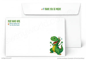 Personalized dinosaur-themed letterhead with a green dinosaur illustration on a white background.