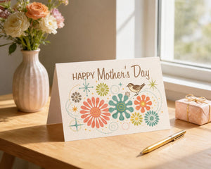 A card with a floral design and the text "Happy Mother's Day" sits on a wooden table, accompanied by a vase of flowers and a gift box.