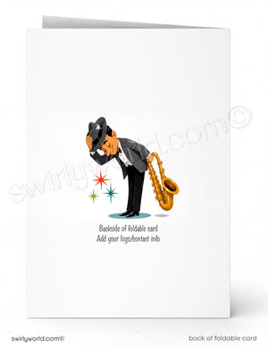 Greeting card with a cartoon character playing a saxophone on a white background