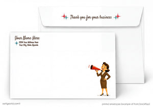 A white envelope with a cartoon illustration of a woman using a megaphone. The envelope has a message that says "Thank you for your business" and a space for the recipient's name and address.