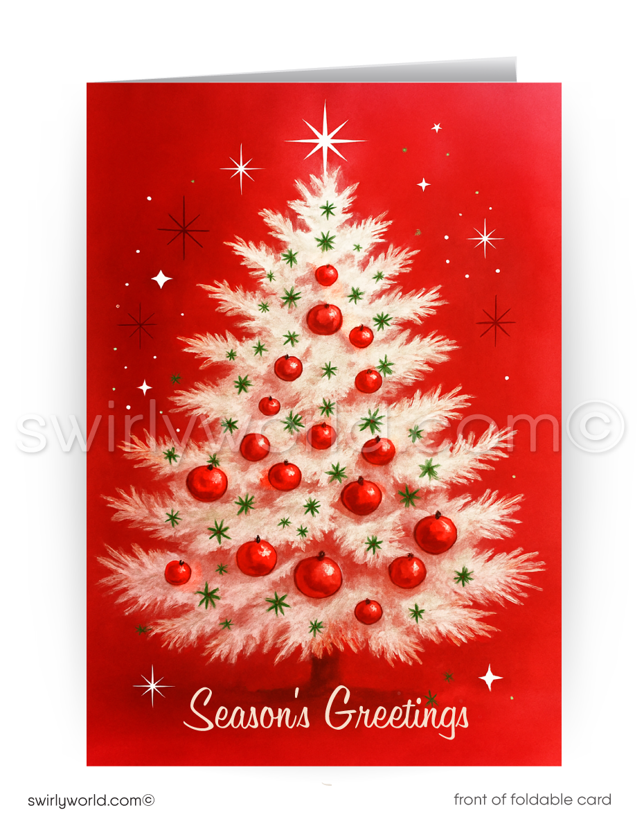 A festive Christmas card with a white Christmas tree adorned with red and gold ornaments, surrounded by white stars against a vibrant red background. The card has a "Season's Greetings" message written in elegant white text at the bottom.