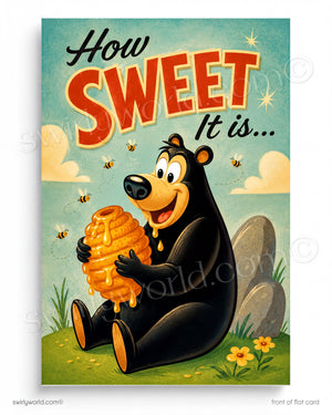 A cartoon bear sitting on the grass and holding a honeycomb with honey dripping from it.