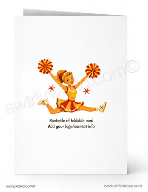 Backside of a foldable card with a cheerleader design and text.