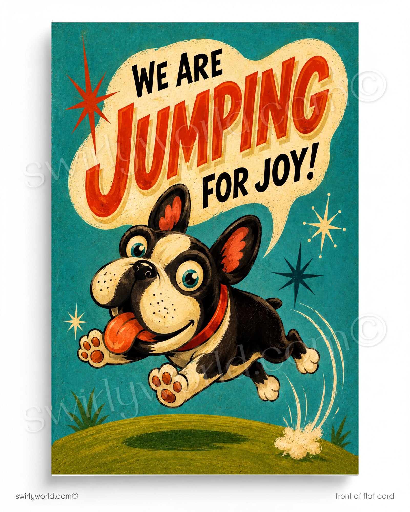 A cheerful illustration of a dog jumping in the air with a speech bubble saying "We are jumping for joy!"