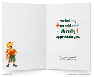 An open greeting card shown front and back on a white background. The left panel has a cartoon lineman standing on the left side.