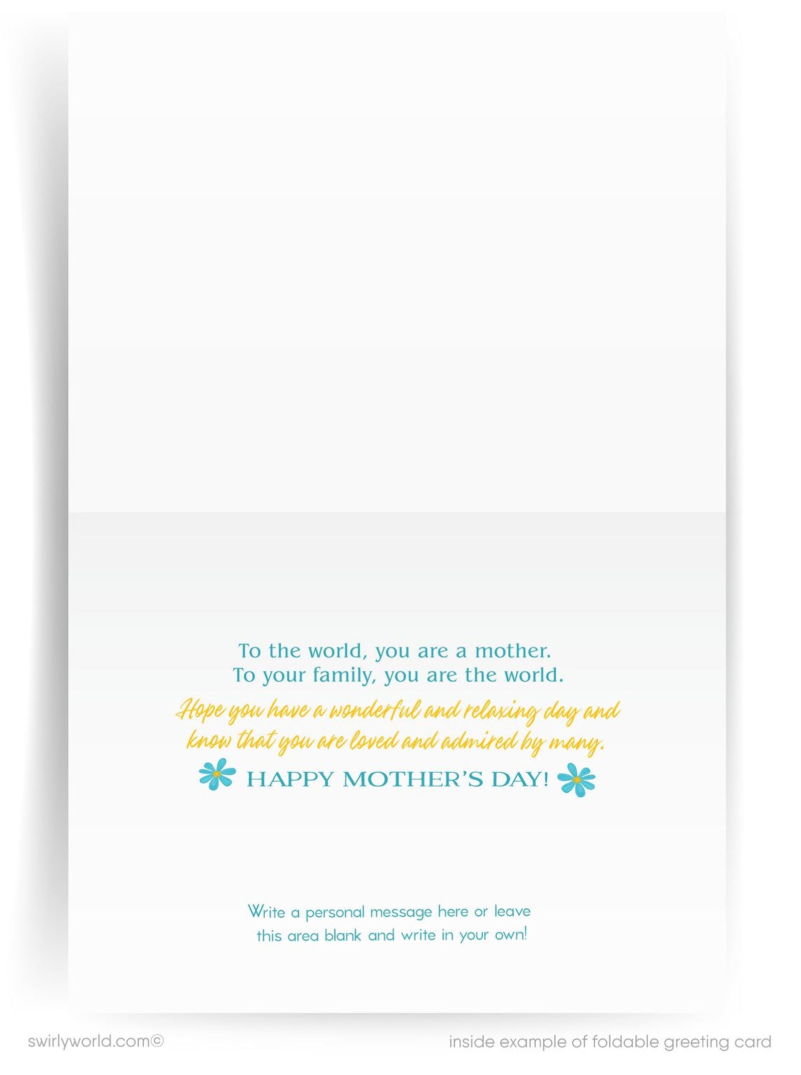 Greeting card with daisies, 'Happy Mother's Day' text, and yellow ribbon on a blue background.