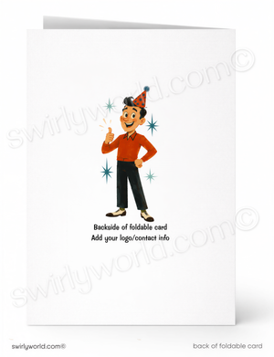 a cartoon illustration of a man wearing a party hat and a red shirt, with stars surrounding him. The text below the illustration reads "Backside of foldable card. Add your logo, contact info."
