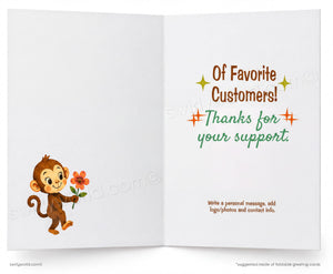 Open card with a monkey holding a flower and text thanking customers for support.