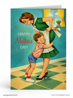 A mother embracing her young son in a warm, loving moment, celebrating Mother's Day.