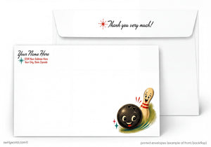 Personalized bowling-themed thank you card with a bowling ball and pin design, featuring customizable text fields.