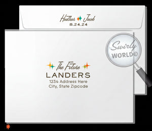 This elegant & swanky 1960s mid-century modern wedding invitation and RSVP card digital download features a chic MCM retro mod Palm Springs aesthetic with atomic-inspired colors and starbursts.