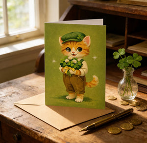 A greeting card featuring a cartoon cat holding a bouquet of flowers and wearing a green hat, placed on a wooden desk next to a pen, a vase with clover leaves, and some coins.