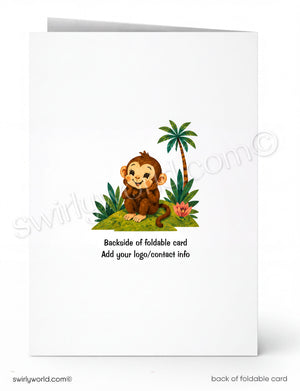 Backside of a foldable card with a cartoon monkey and palm tree design, featuring Swirly World branding.