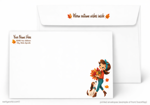 a white envelope with a cartoon illustration of a girl holding a dog and a bunch of autumn leaves. The envelope has a front and back view, and there is a text on the front that reads "Your Name Here" along with an address and a city, state, and zip code.