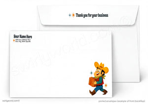 A white printed envelope set shown on a light gray background. The front envelope has placeholder text on the upper left and a small cartoon cowboy carrying a guitar in the lower right.