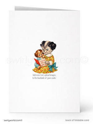 Back of a folded card with a vintage-style illustration of a child holding a teddy bear and a book, featuring the Swirly World brand.