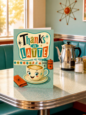A colorful greeting card with a coffee cup illustration sits on a table in a retro-style diner setting.