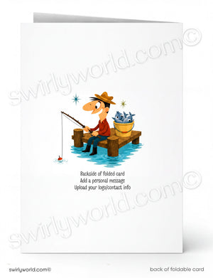 Illustration of a cartoon fisherman on a card with 'swirlyworld.com' branding.
