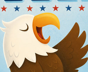A cartoon image of a smiling eagle with its beak open, surrounded by stars and stripes.