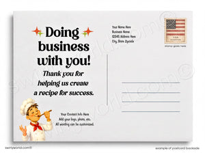 Promotional postcard with a cartoon chef and text about business partnership on a white background.