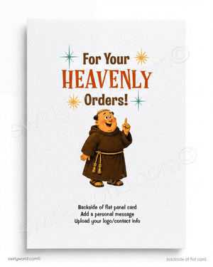 The image is a flat panel card featuring a cartoon character, likely a religious figure, with a message about orders or instructions.