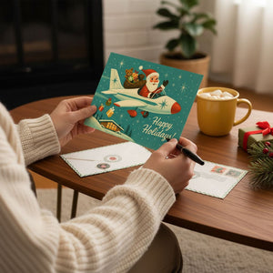 A person is sitting at a table, holding a green card with a Santa Claus illustration and the text "Happy Holidays!" written on it. The person is also holding a pen and appears to be writing a letter or a card.